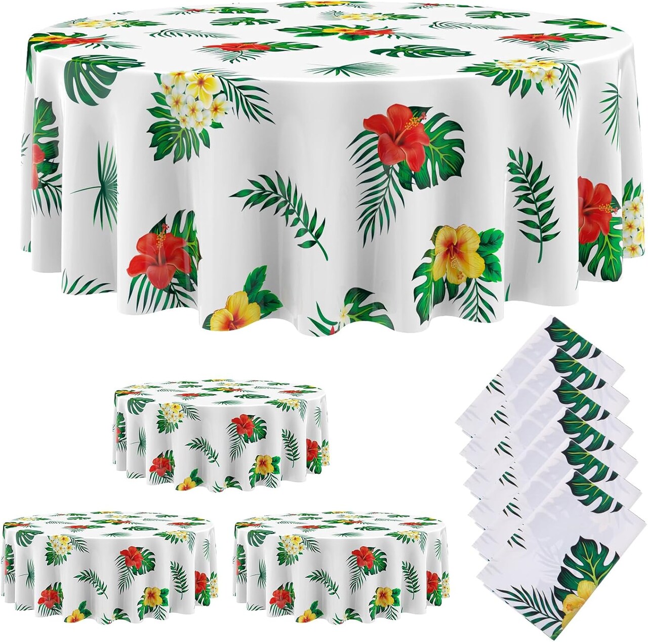 6 Pieces Hawaii Tablecloth 84 Inch Aloha Luau Tropical Hibiscus Flower Round Table Cloth